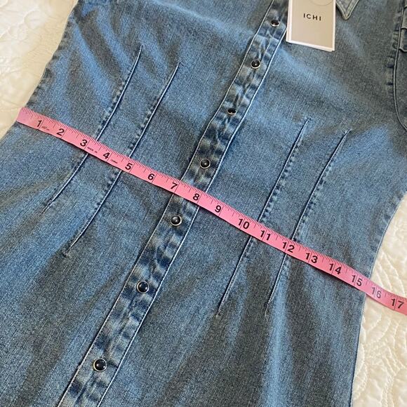 ICHI Denim Pearl Snap Puff Sleeve Dress Size 34 Western Country Sustainable - Picture 9 of 13